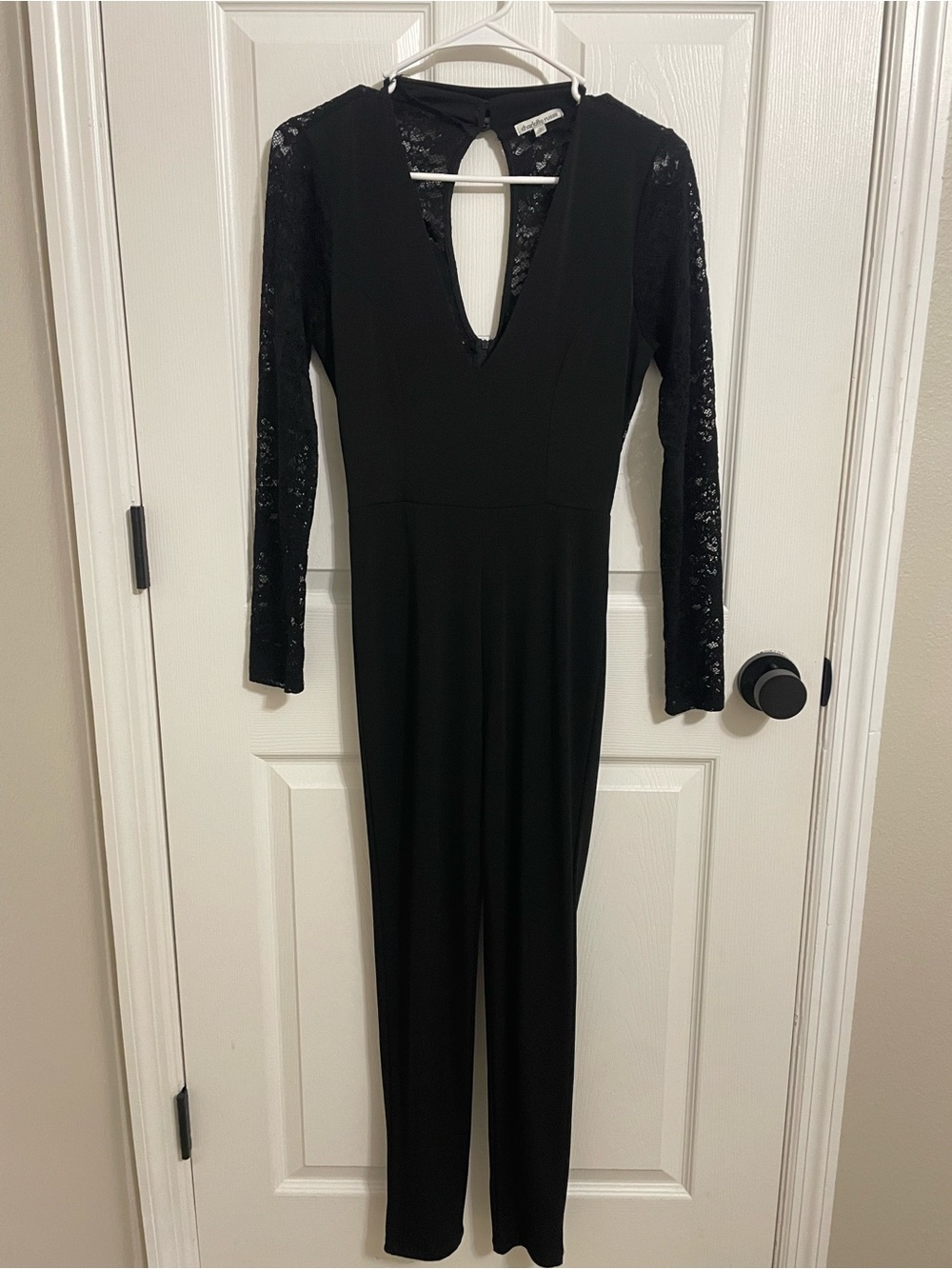 Charlotte Russe Black Long Sleeve Lace-Sleeve Jumpsuit